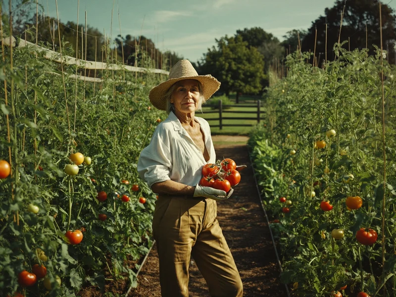 Anziana con cappello di paglia raccoglie pomodori maturi in un orto al mattino