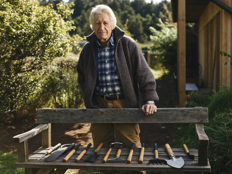 Attrezzi ergonomici a manico lungo appoggiati su un banco di legno consumato
